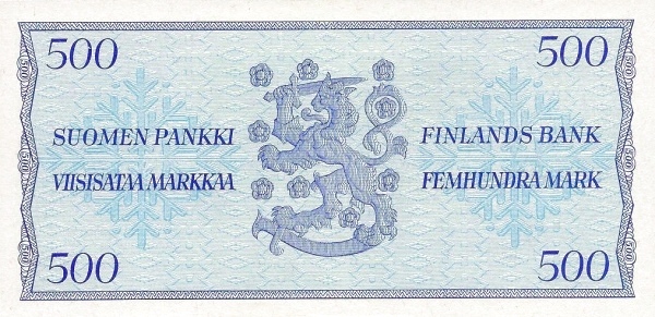 500 Markkaa / Mark FIN Banknote (Post-WWII Markka Issue) 1956 (reverse)