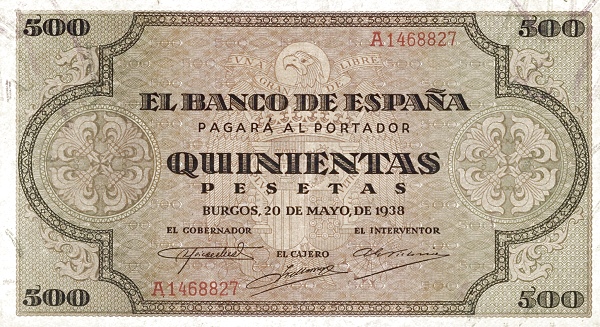 500 Pesetas ESP Banknote (Banco de España (Burgos Issue)) 1938