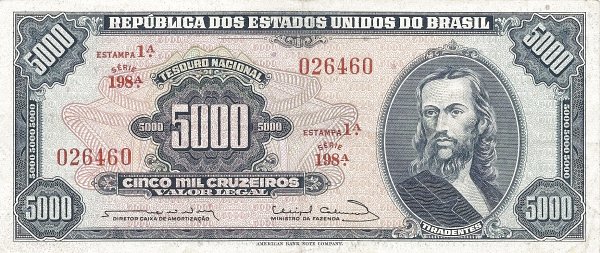 5000 Brazilian Cruzeiros Banknote (Tiradentes Blue Type)