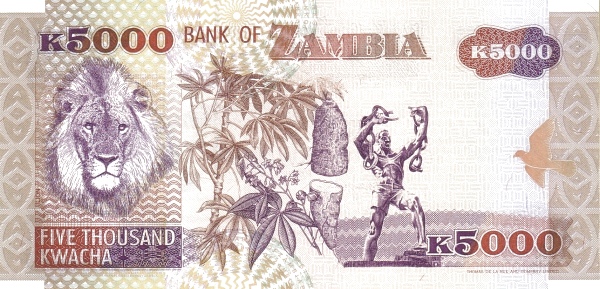 5000 Zambian Kwacha Banknote (Lion) (reverse)