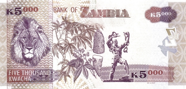 5000 Zambian Kwacha Banknote (Lion Boz Type) (reverse)