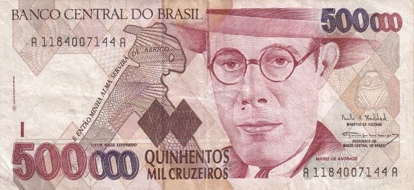 500000 Brazilian Cruzeiros Banknote (De Andrade)