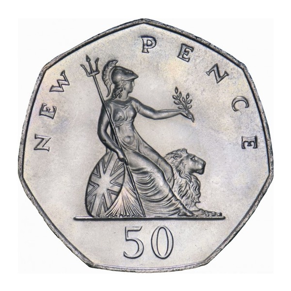 British Large Style 50p Coin (Britannia) Issued 1969 (reverse)