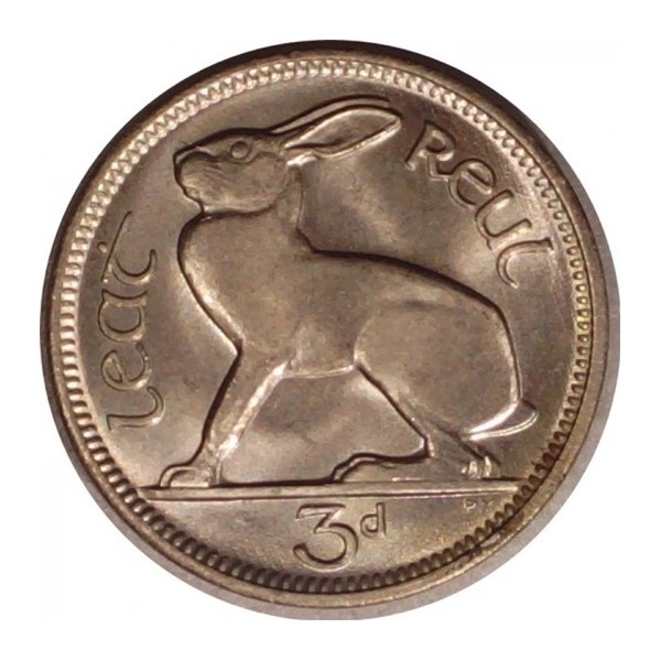 Irish predecimal threepence coin (reverse)